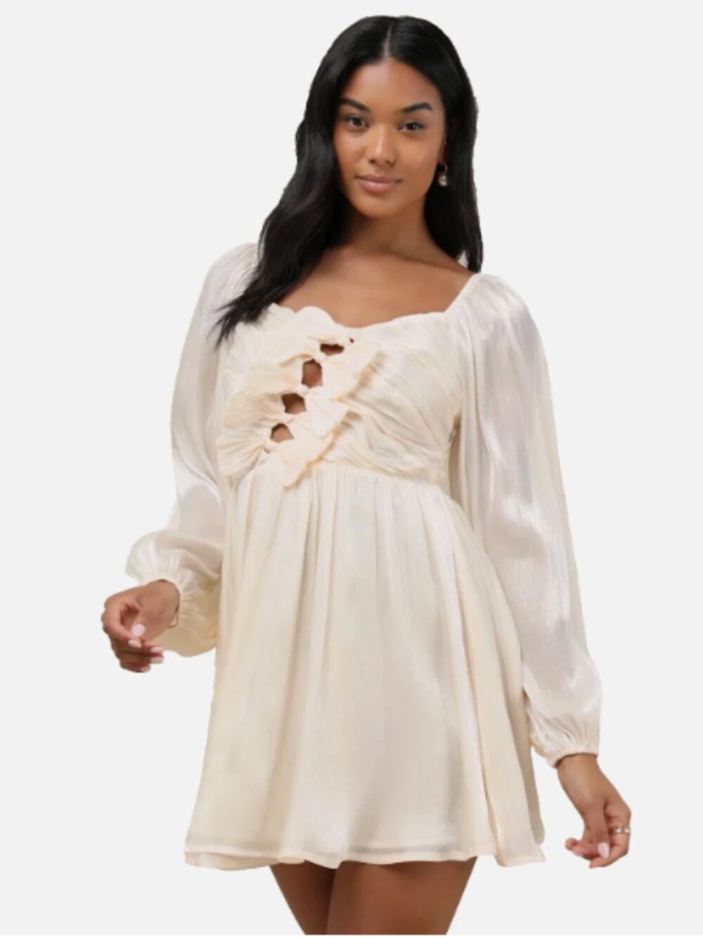 Lulus Playful Delight Champagne Bow-Front Long Sleeve Mini Dress Small New